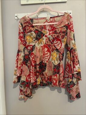 Vintage Miss Me Floral Red Bell-Sleeve Wrap Top - Women